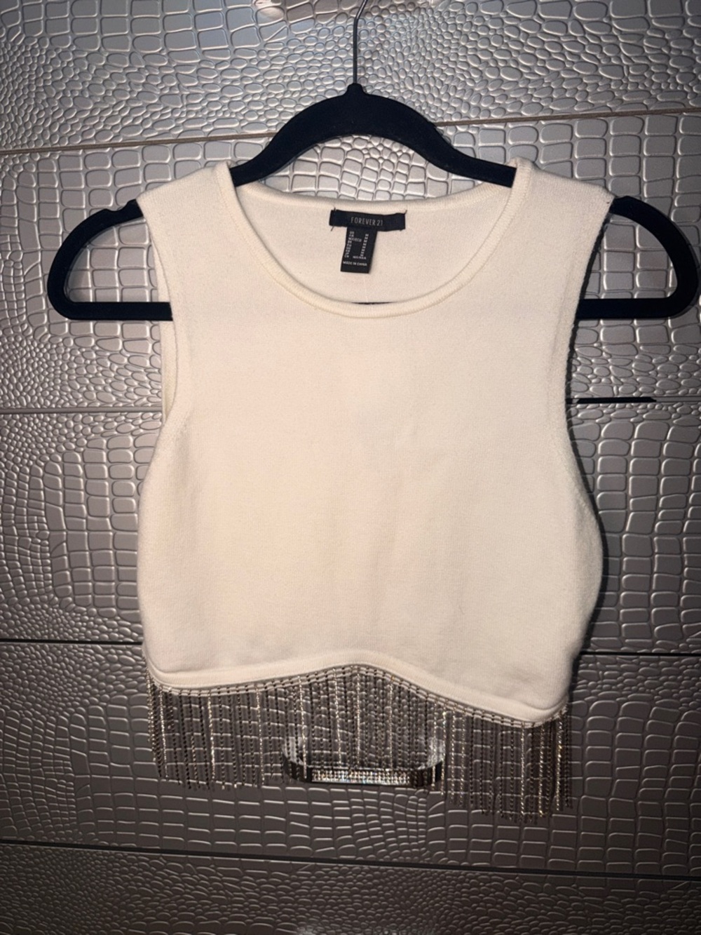Forever 21 White Beaded Fringe Crop Top